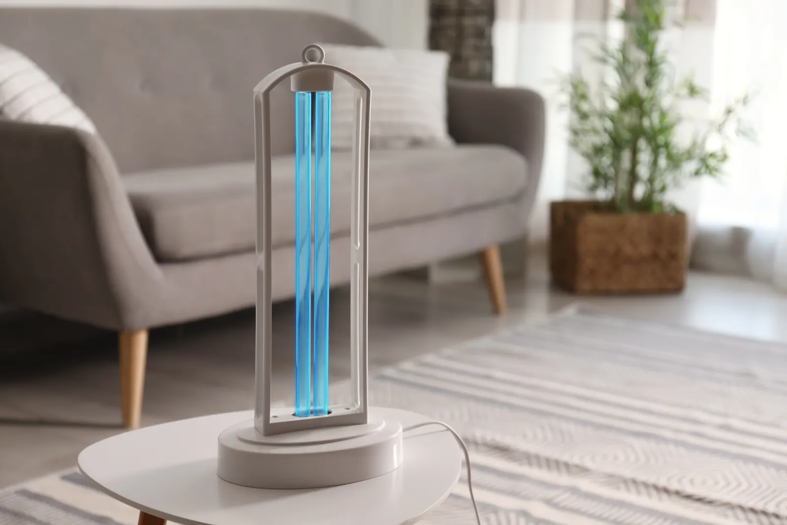 UV germicidal lamp glowing inside a home